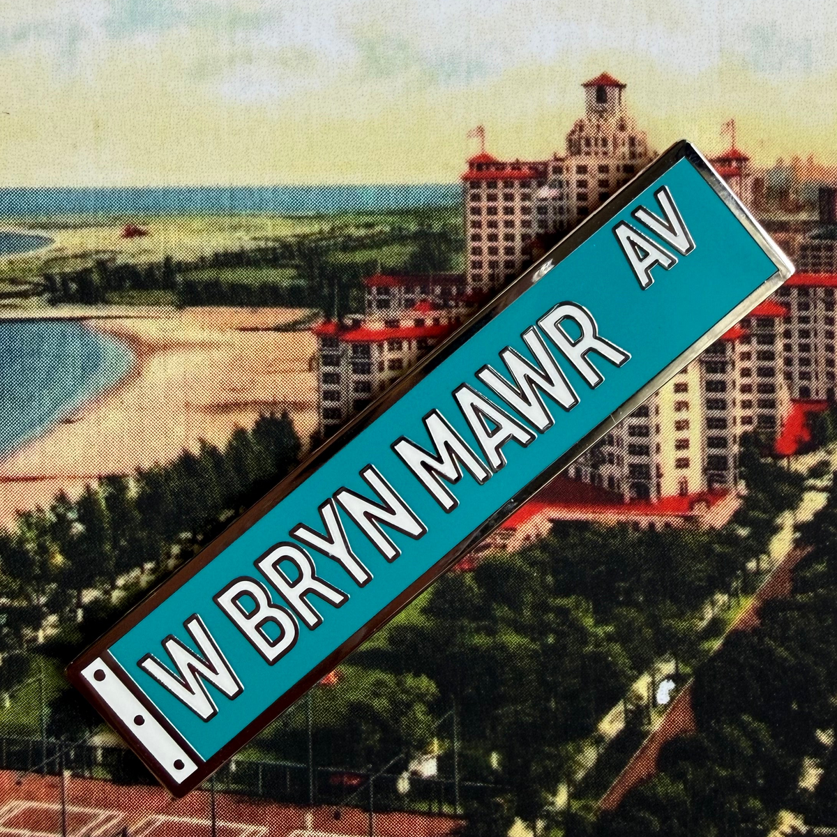 W Bryn Mawr Ave Chicago Street Sign Enamel Pin & Edgewater History Card