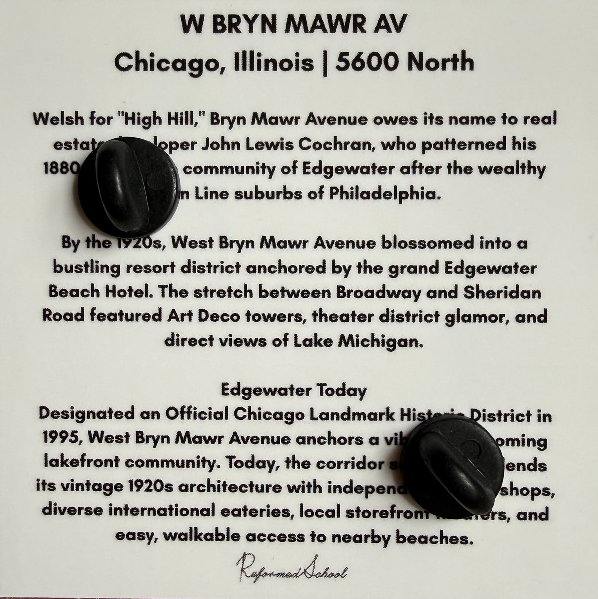 W Bryn Mawr Ave Chicago Street Sign Enamel Pin & Edgewater History Card